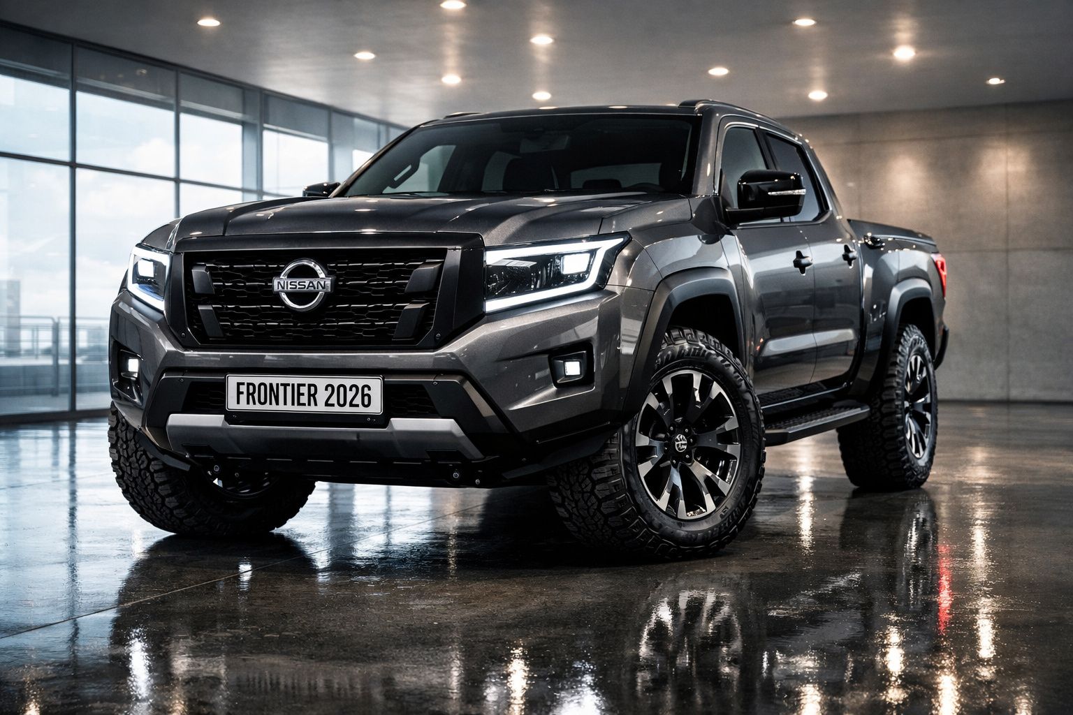 Picape Nissan Frontier 2026 cinza escuro, visão frontal em ambiente interno com piso molhado e iluminação artificial.