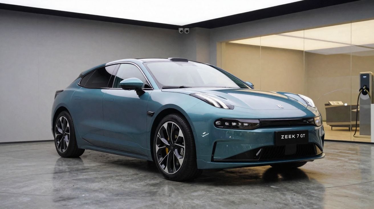 Carro elétrico Zeekr 7 GT azul estacionado em garagem moderna com carregador ao fundo.