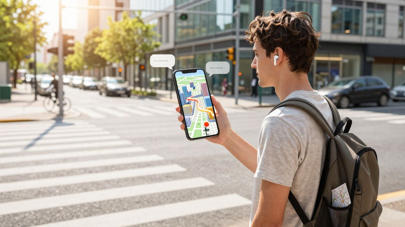 Jovem usando fones de ouvido e mochila consulta GPS no celular em cruzamento urbano ensolarado.