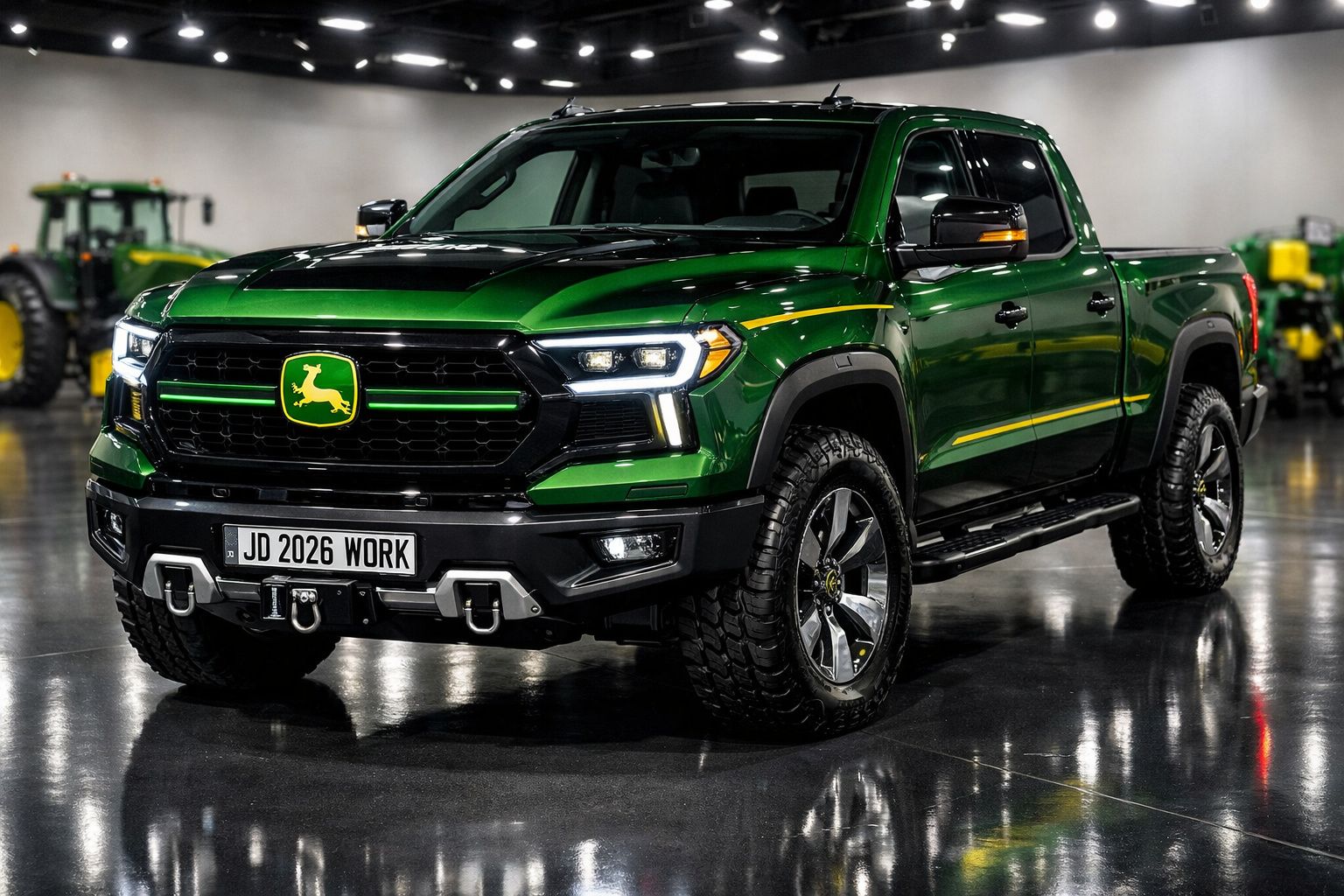 Picape verde John Deere JD 2026 Work com pneus robustos em ambiente interno iluminado.