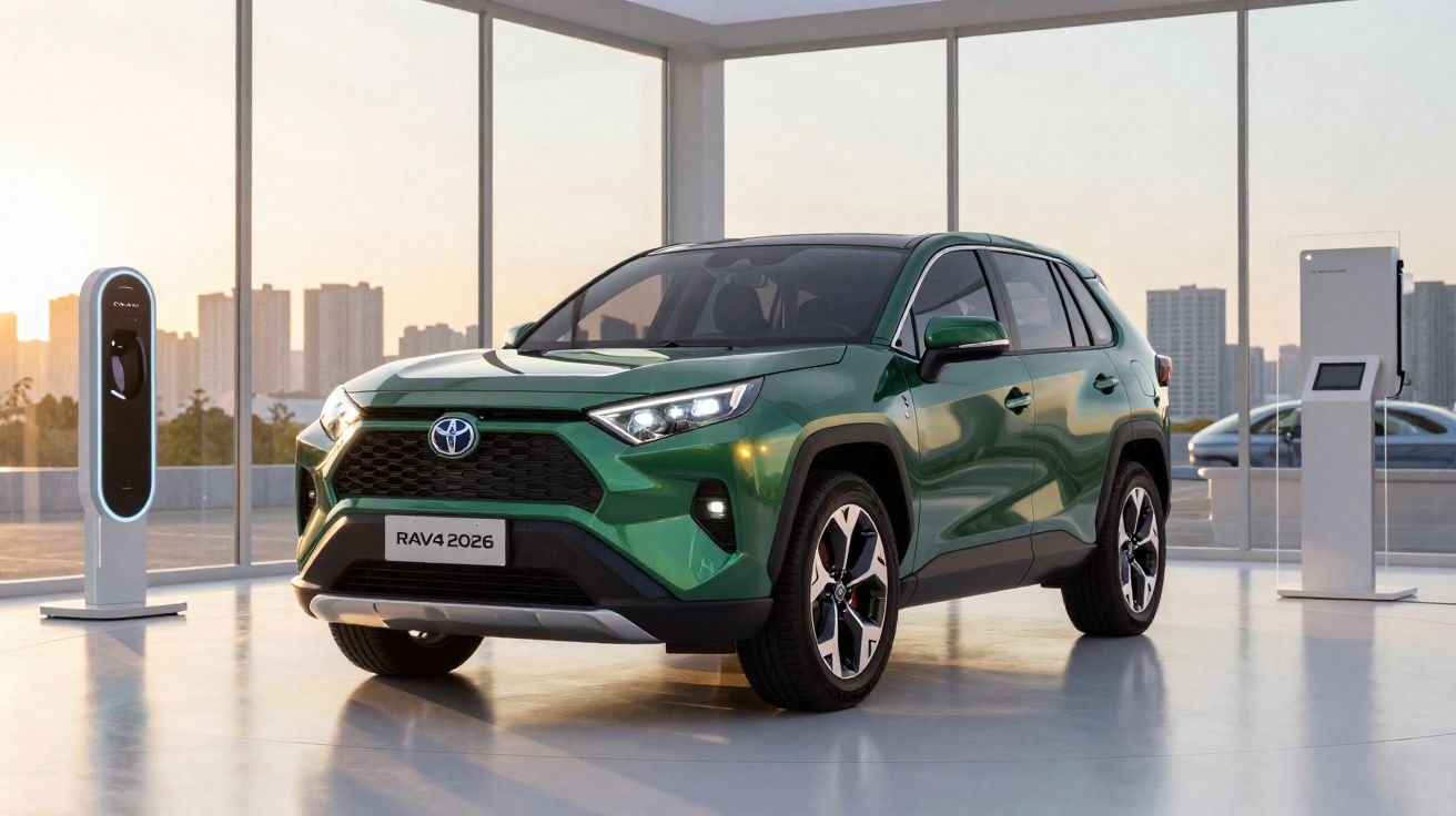Carro SUV Toyota RAV4 2026 verde exposto em showroom com estação de carregamento ao lado.