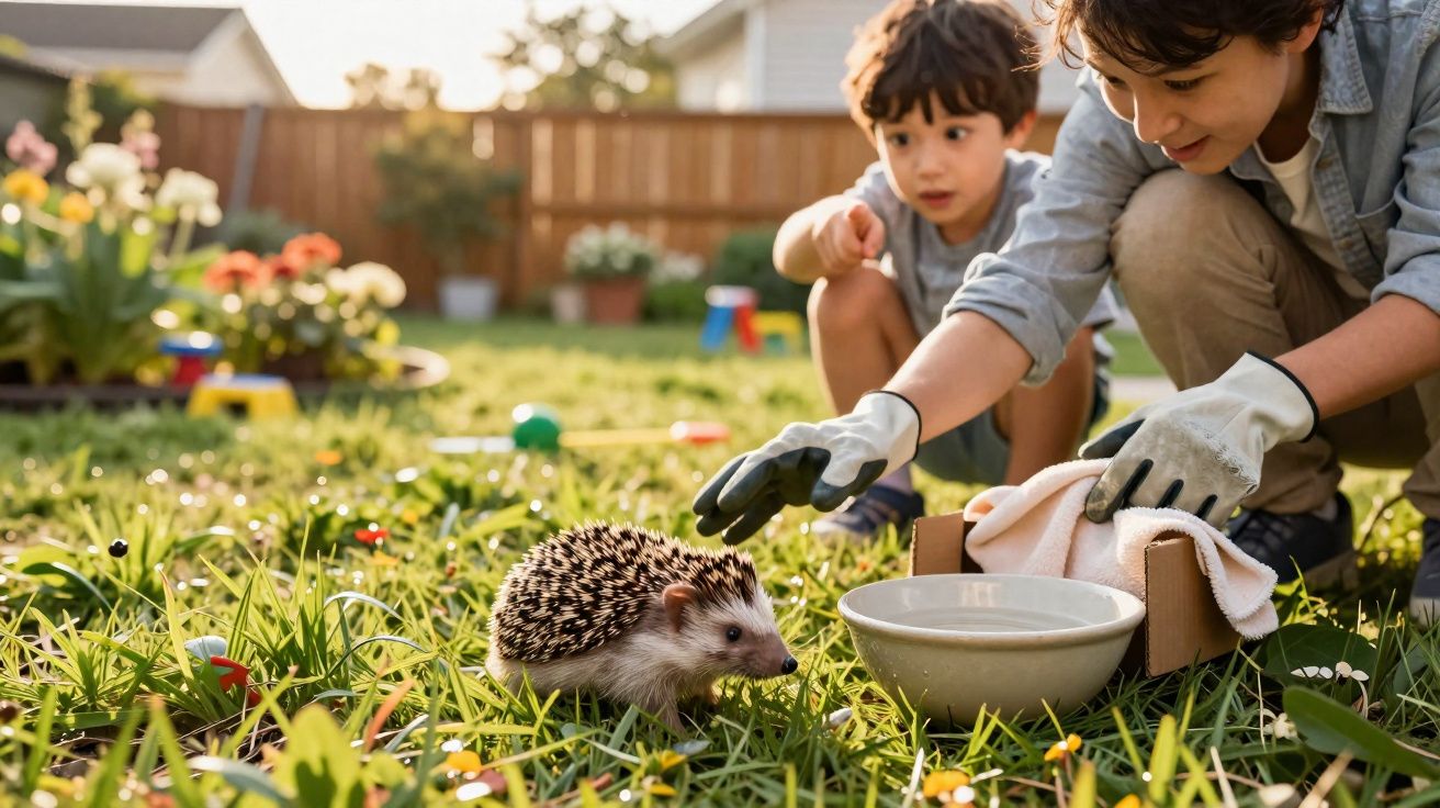 Crianças cuidam de um ouriço no jardim com tigela de água em dia ensolarado.