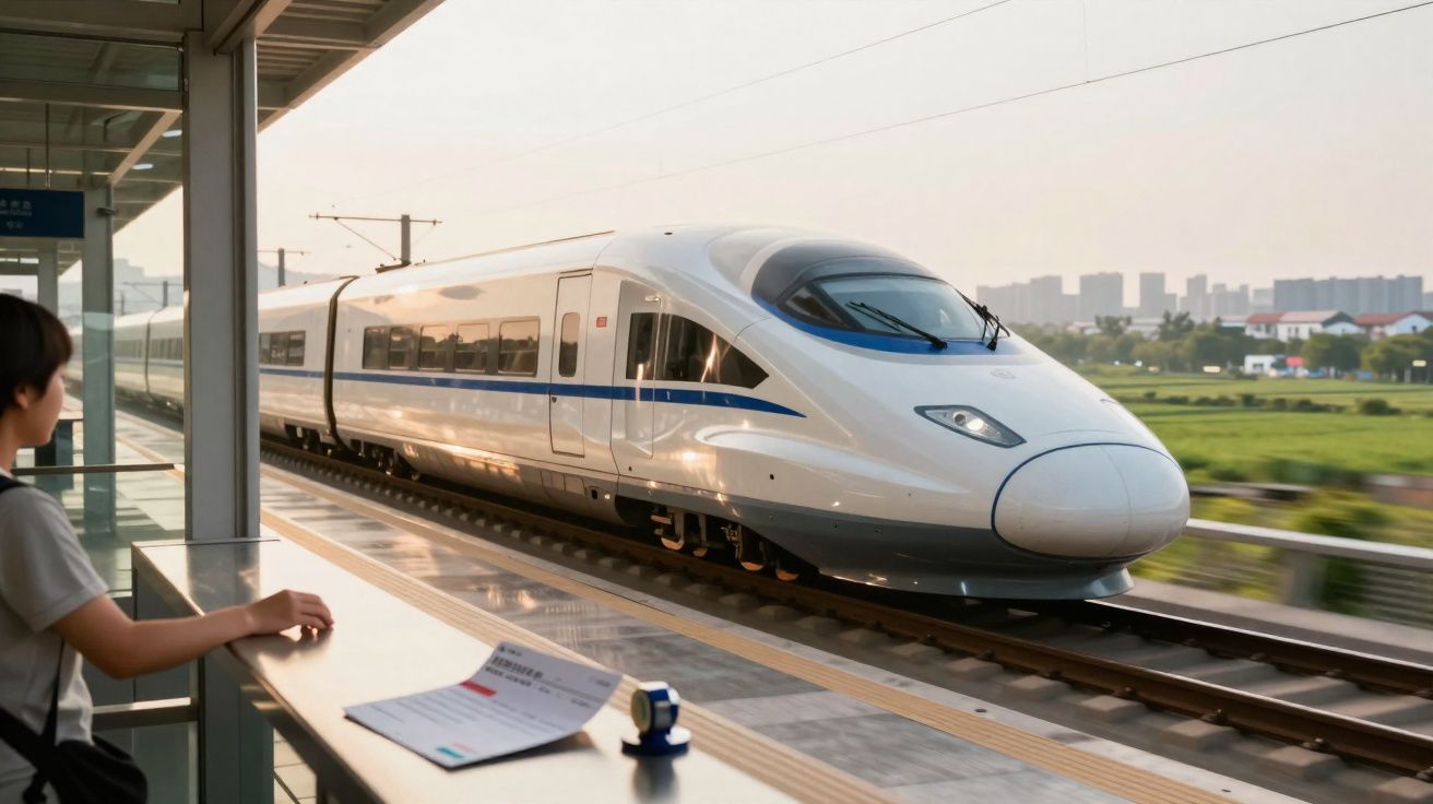 Trem-bala branco parado na estação, com pessoa aguardando na plataforma ao entardecer.