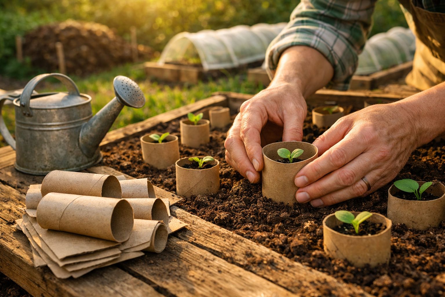 Mãos plantando mudas em vasos de papel reciclado em cama de terra ao ar livre, regador próximo.