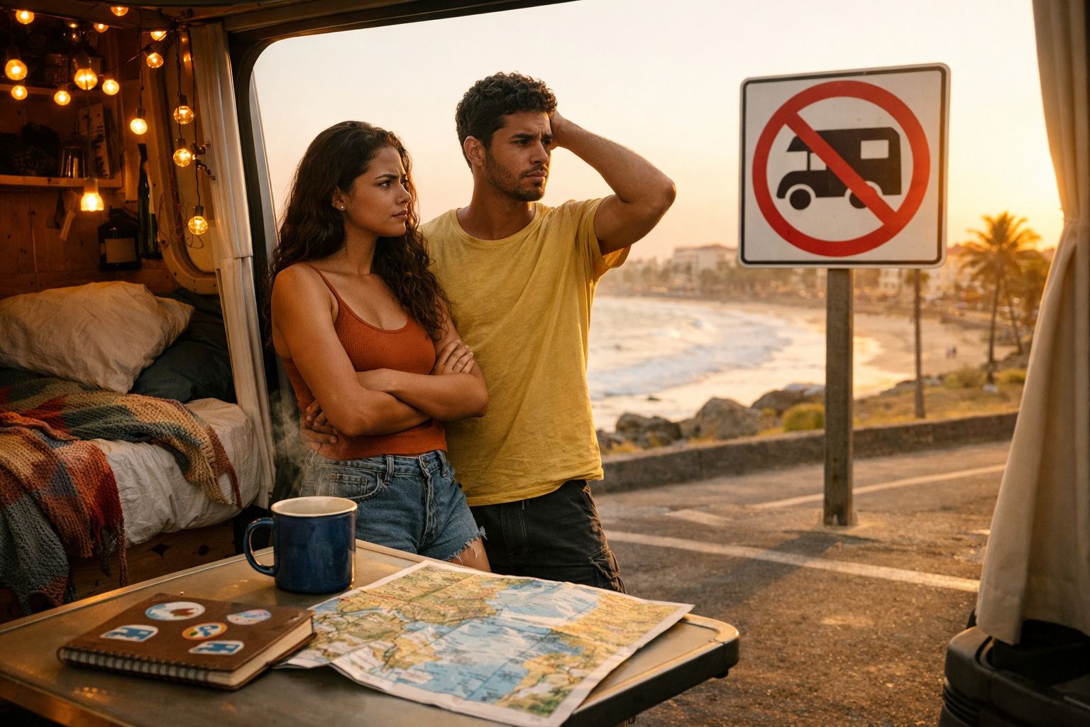 Casal jovem olhando preocupado para placa de proibição de veículos recreativos perto da praia ao pôr do sol.