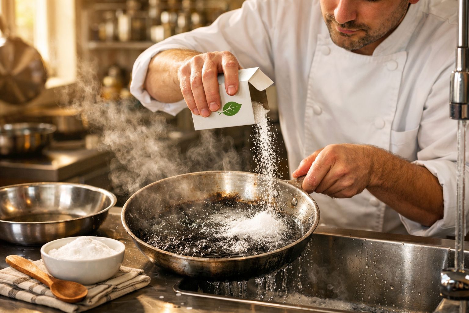 Chef salpica sal em frigideira fumegante na cozinha profissional.