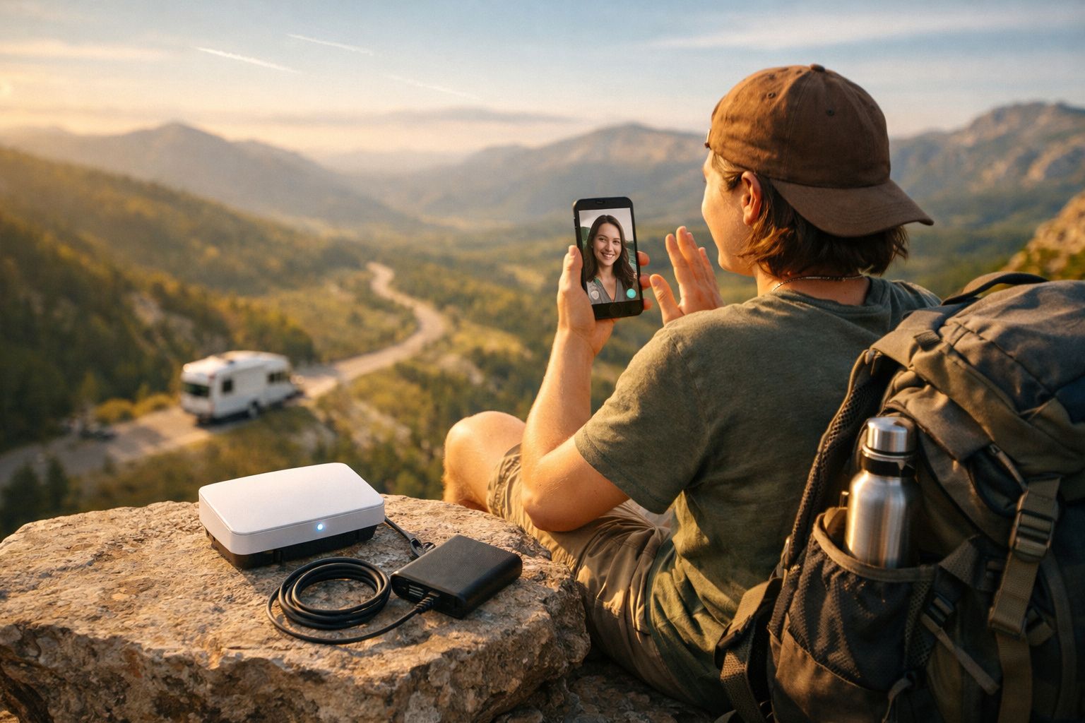 Homem sentado em montanha faz videochamada com mulher, com mochila e equipamentos ao lado.