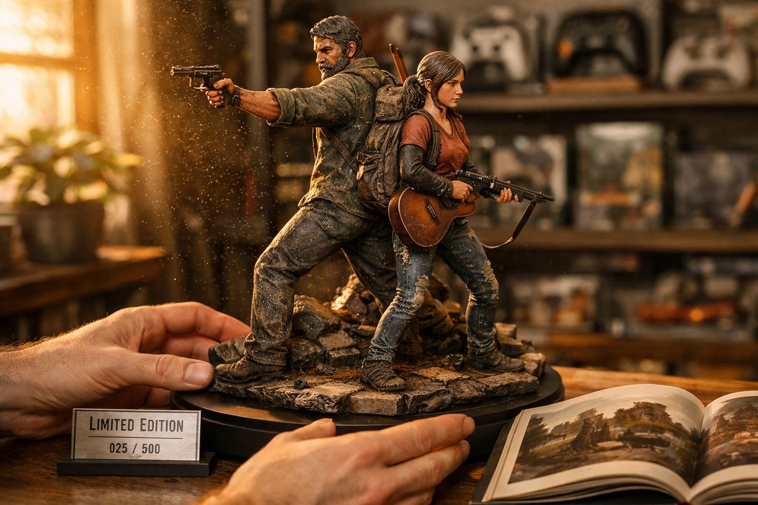 Estátua colecionável Limited Edition de dois personagens com armas, um com violão, posicionados de costas.