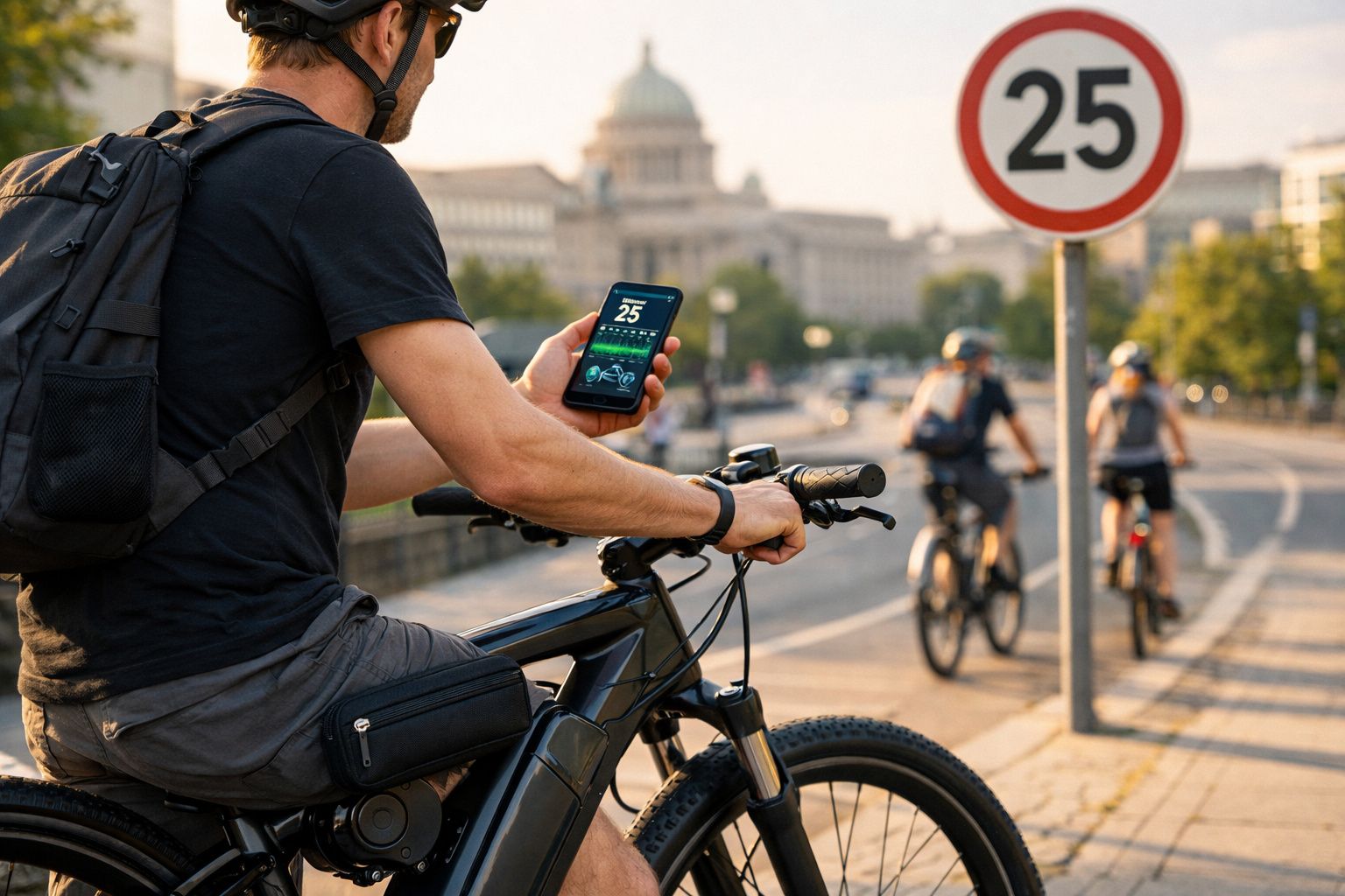Ciclista com capacete e mochila verifica velocidade no celular ao lado de placa de limite 25 na ciclovia urbana.