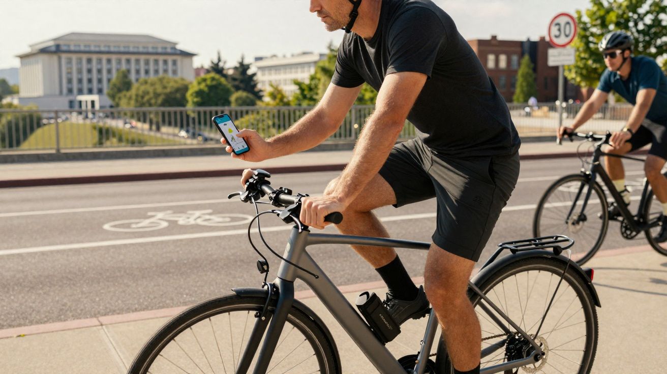 Homem de capacete em bicicleta segurando celular na ciclovia, com outro ciclista ao fundo.