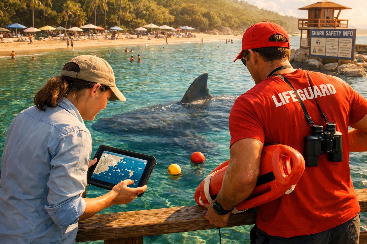 Salvavidas e profissional com tablet observam tubarão próximo a praia com banhistas ao fundo.