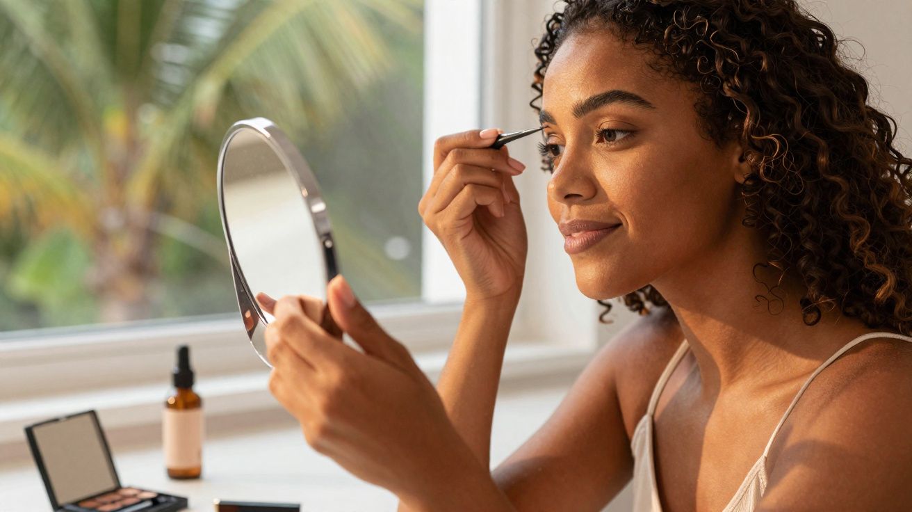 Mulher sorridente aplicando maquiagem nas sobrancelhas olhando no espelho em ambiente iluminado.