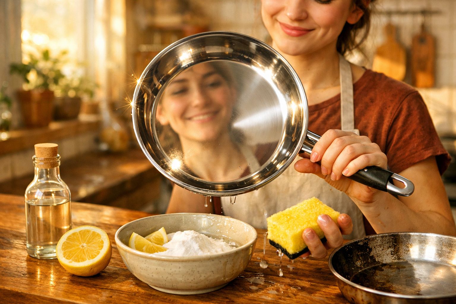 Mulher limpando frigideira com esponja sobre tigela com limão, bicarbonato e vinagre em cozinha iluminada.