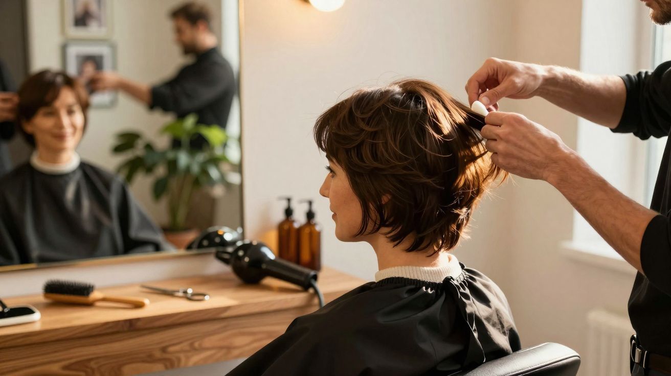 Mulher com cabelo curto sendo arrumada por cabeleireiro em salão moderno com espelho e secador.