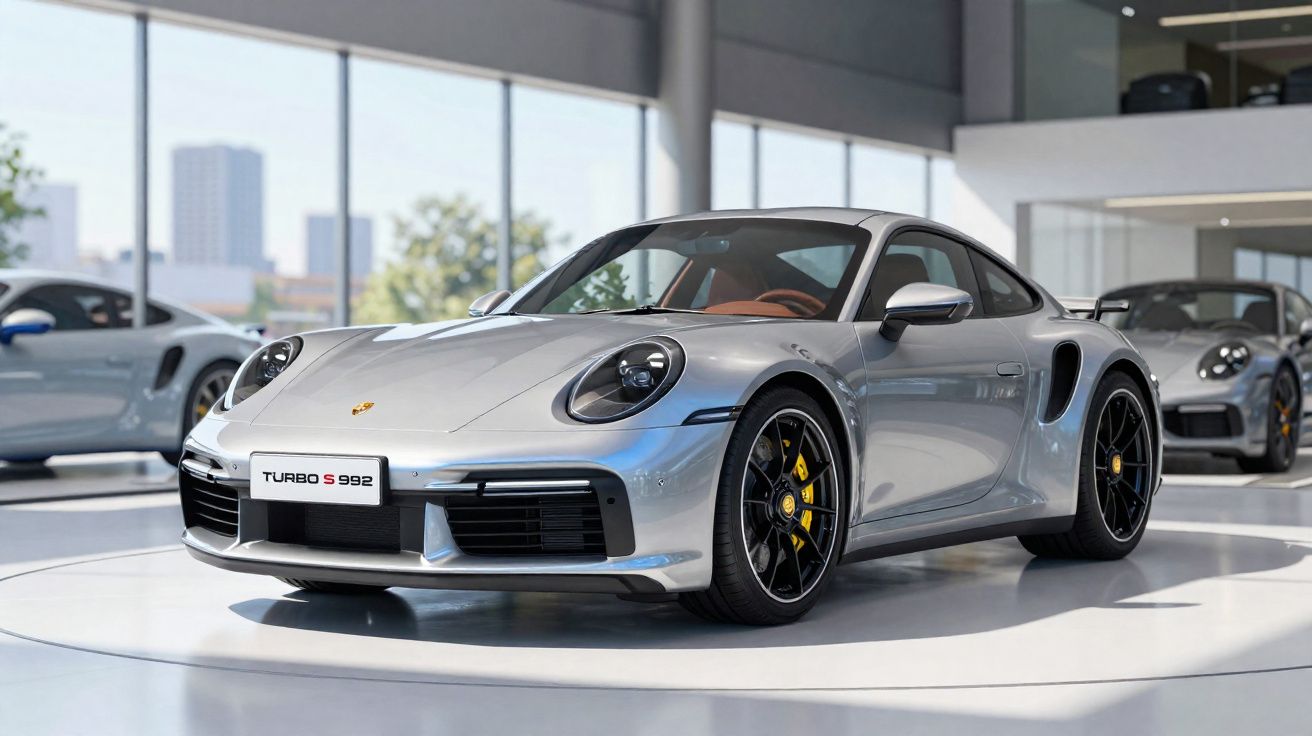 Carro esportivo prata Porsche Turbo S 992 exposto em showroom com fundo de janelas grandes e outros veículos.