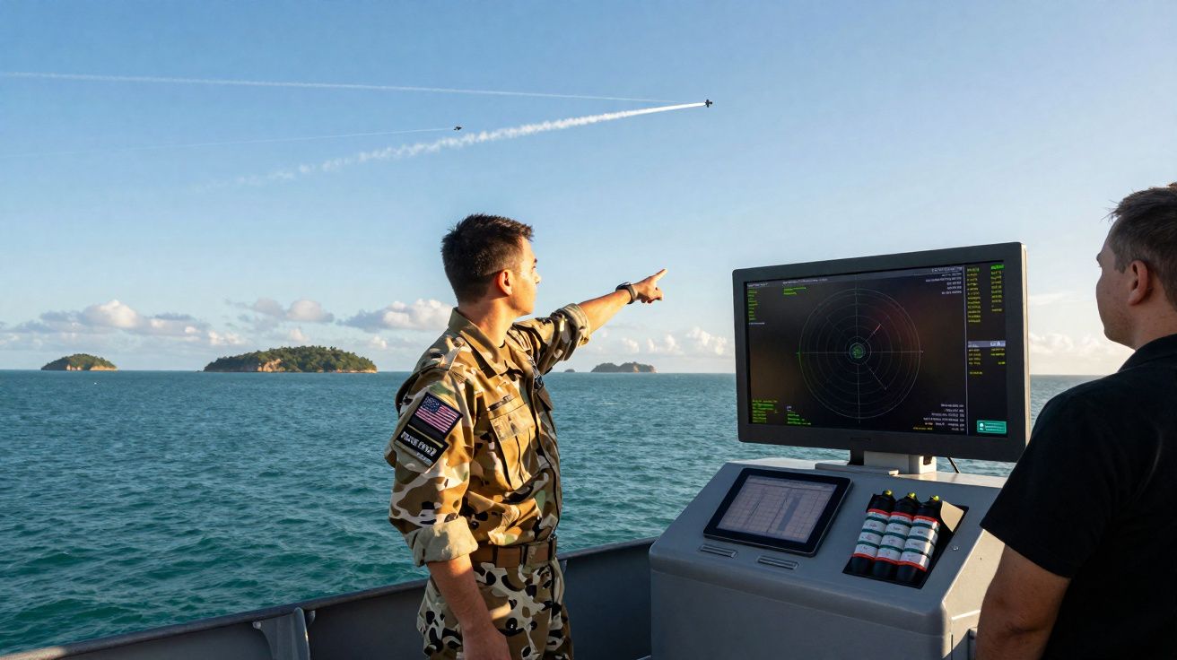 Militar observa avião no céu enquanto monitora radar em navio próximo a ilhas ao pôr do sol.