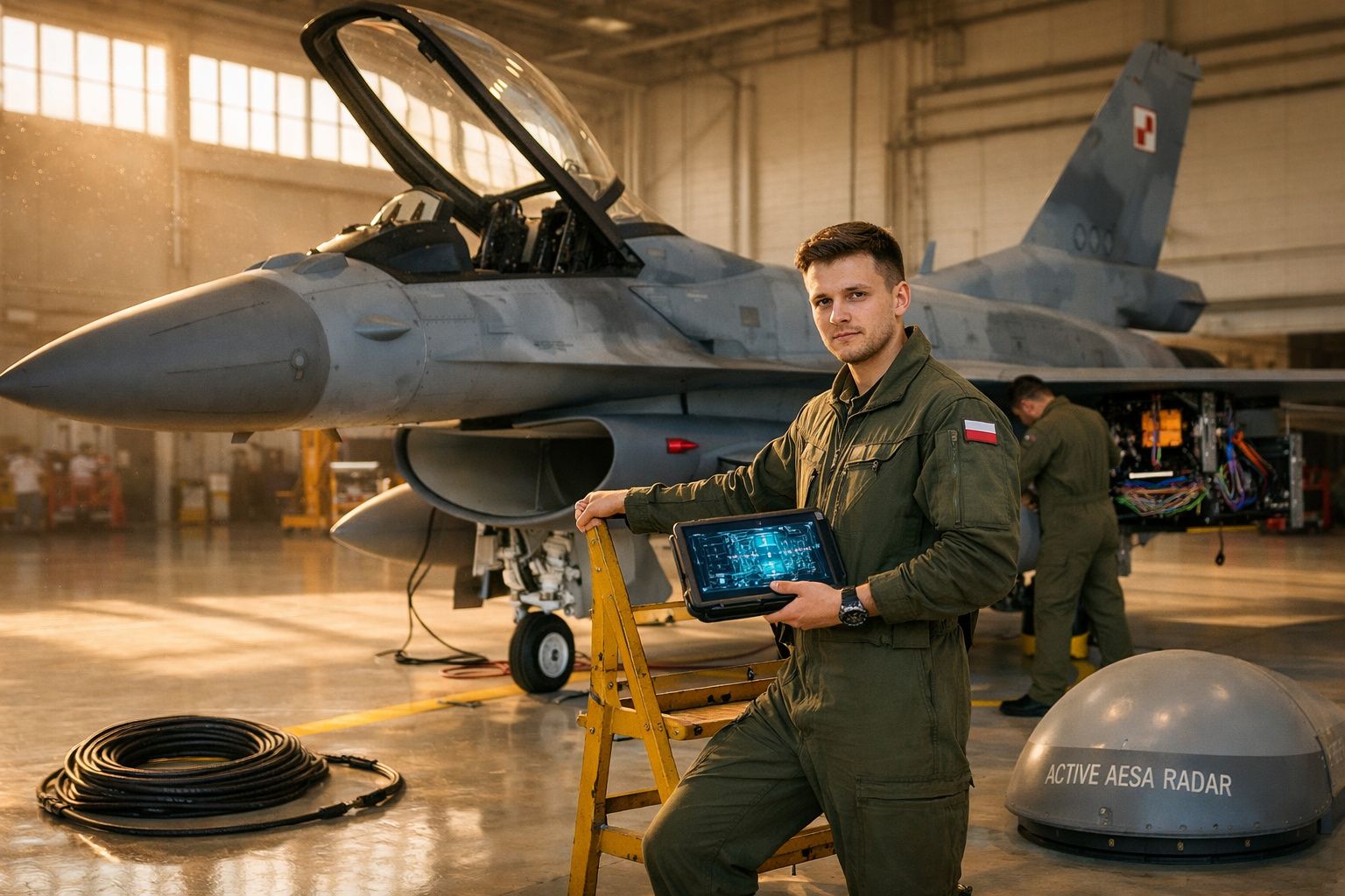 Homem em uniforme militar com tablet em hangar ao lado de caça cinza em manutenção.
