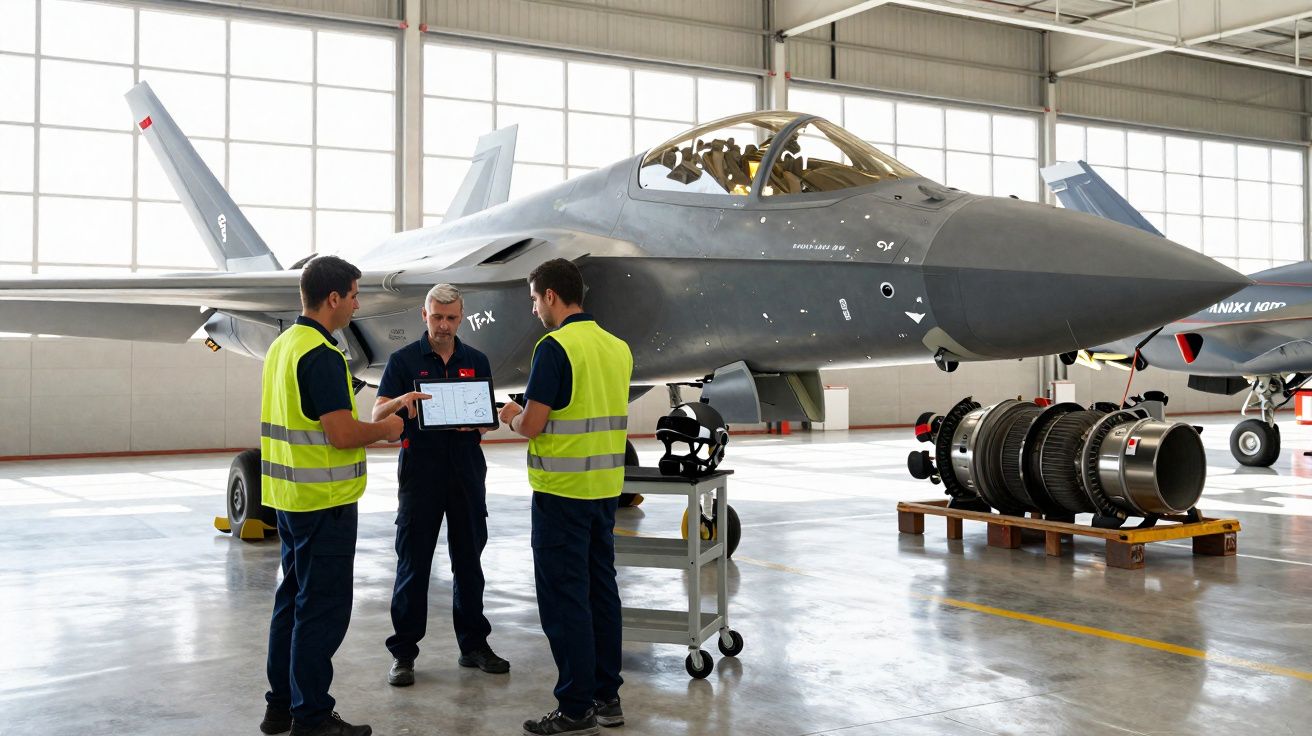 Três técnicos em colete de segurança discutem projeto ao lado de caça militar estacionado em hangar.