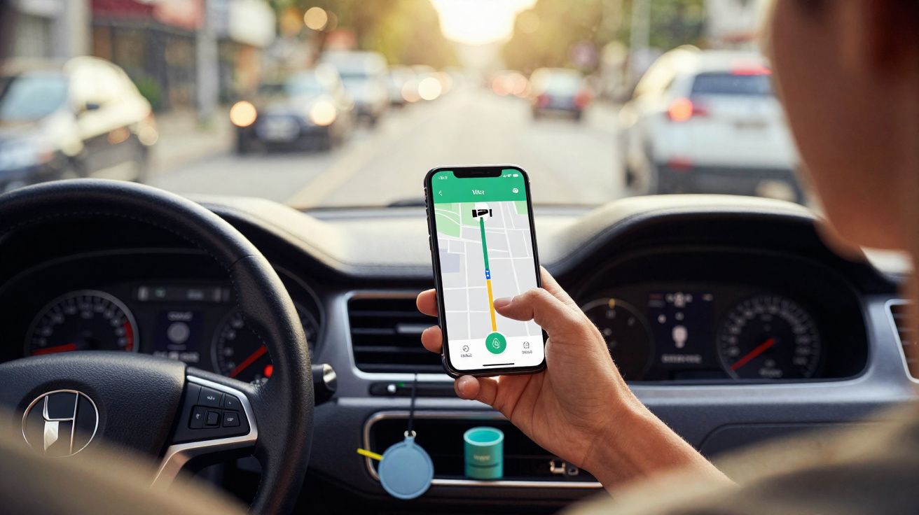 Pessoa segurando celular com aplicativo de navegação ligado dentro de carro Honda em trânsito urbano.