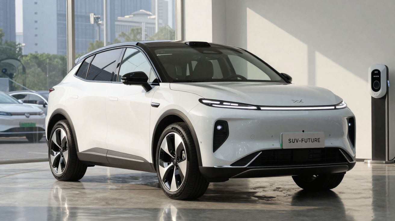 SUV elétrico branco estacionado em showroom com painel e rodas modernas.