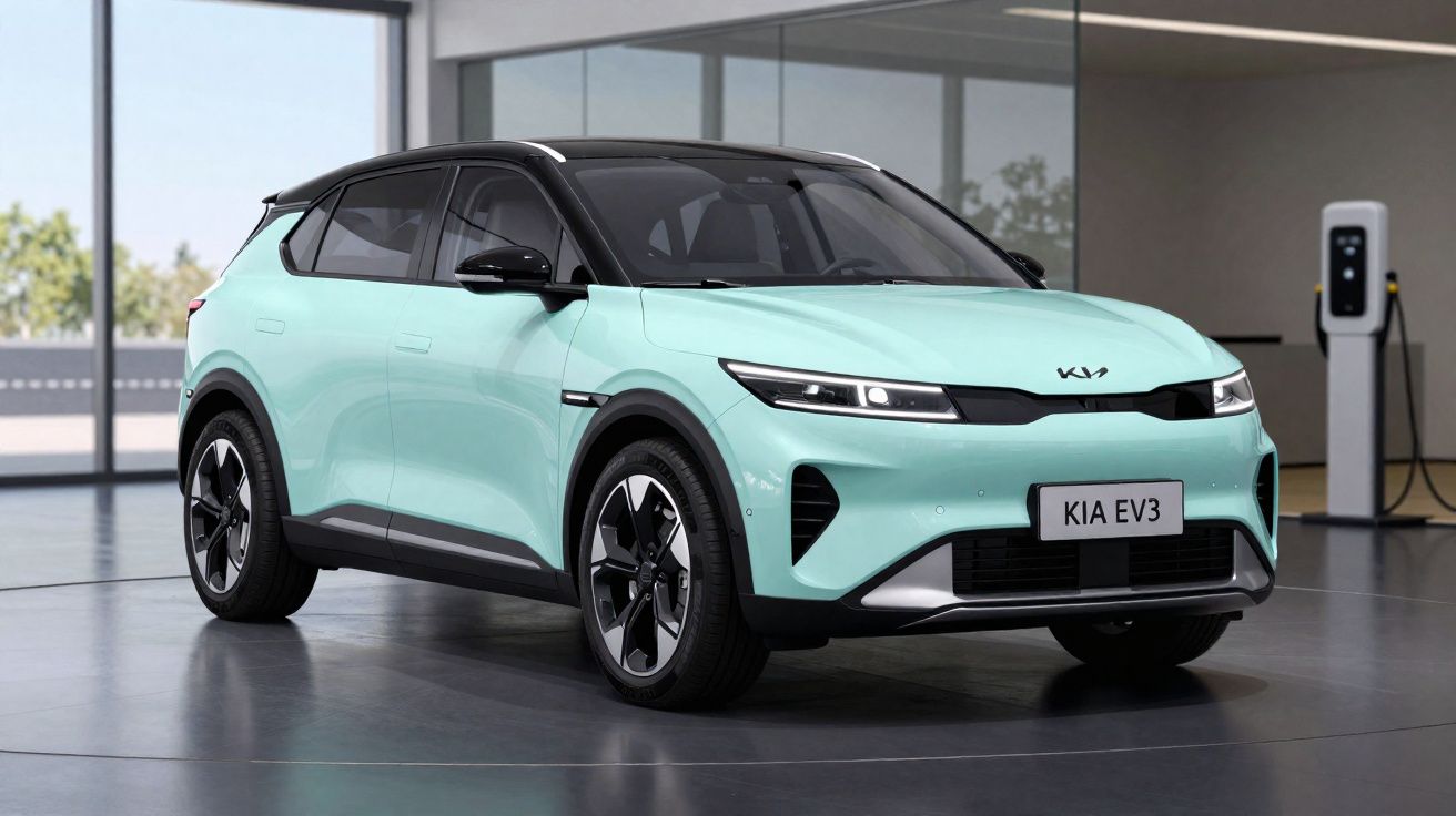 Carro elétrico Kia EV3 azul claro estacionado em um ambiente interno moderno com estação de recarga.