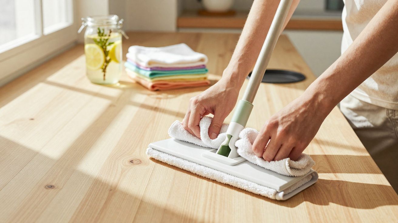 Pessoa montando pano de limpeza branca em esfregão sobre mesa de madeira clara com luz natural.