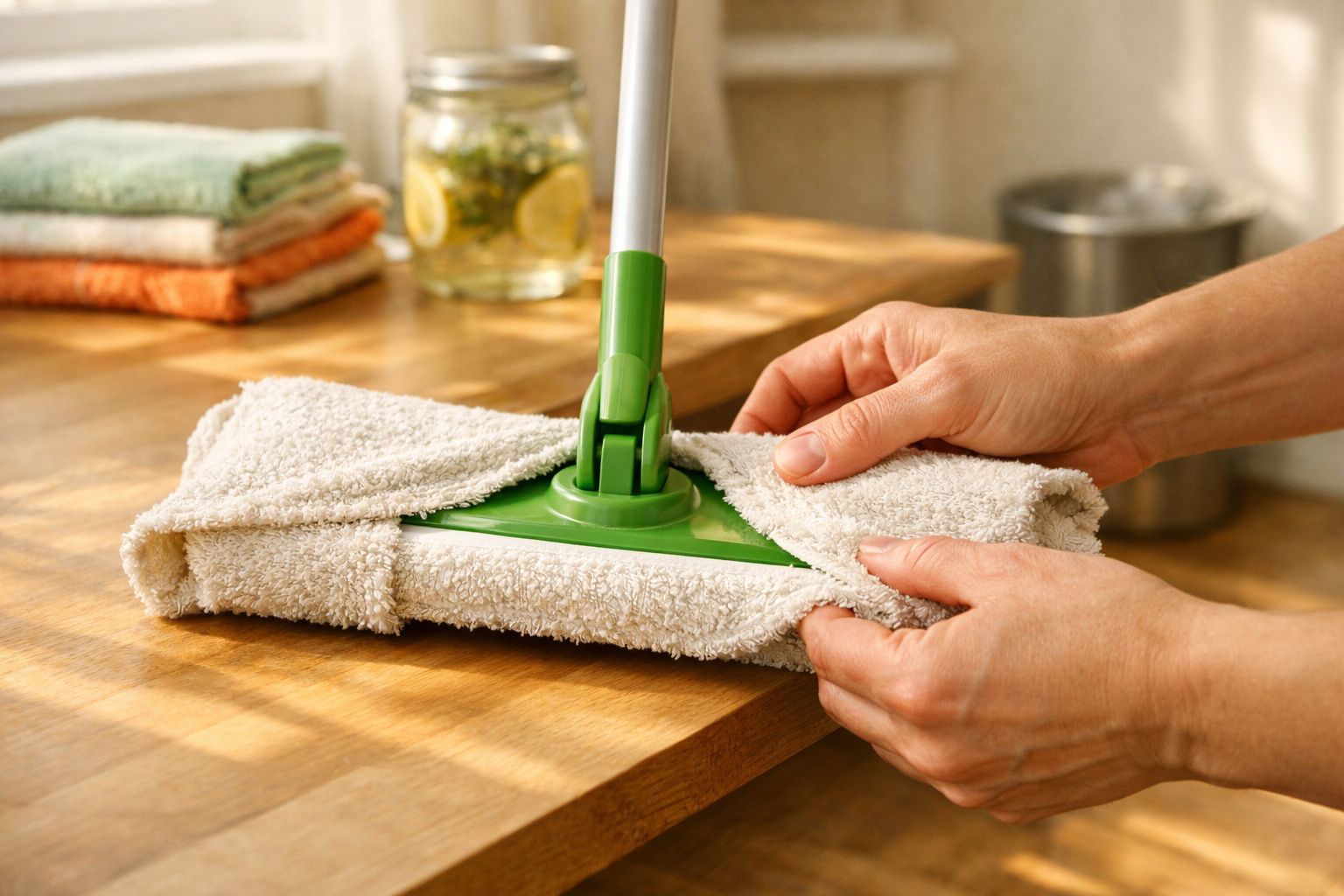 Pessoa limpando mesa de madeira com esfregão verde e pano branco.