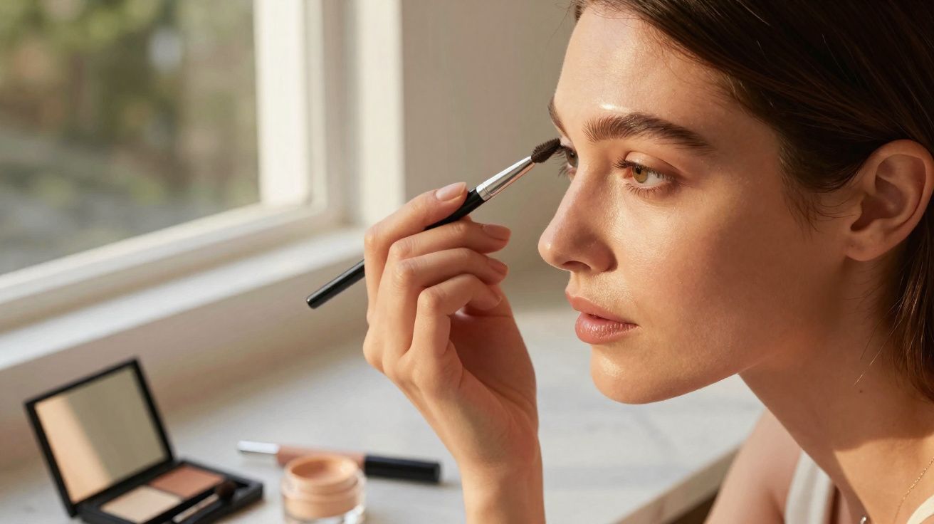 Mulher aplicando sombra marrom nas pálpebras com pincel, maquiagem natural e ambiente iluminado pela janela.