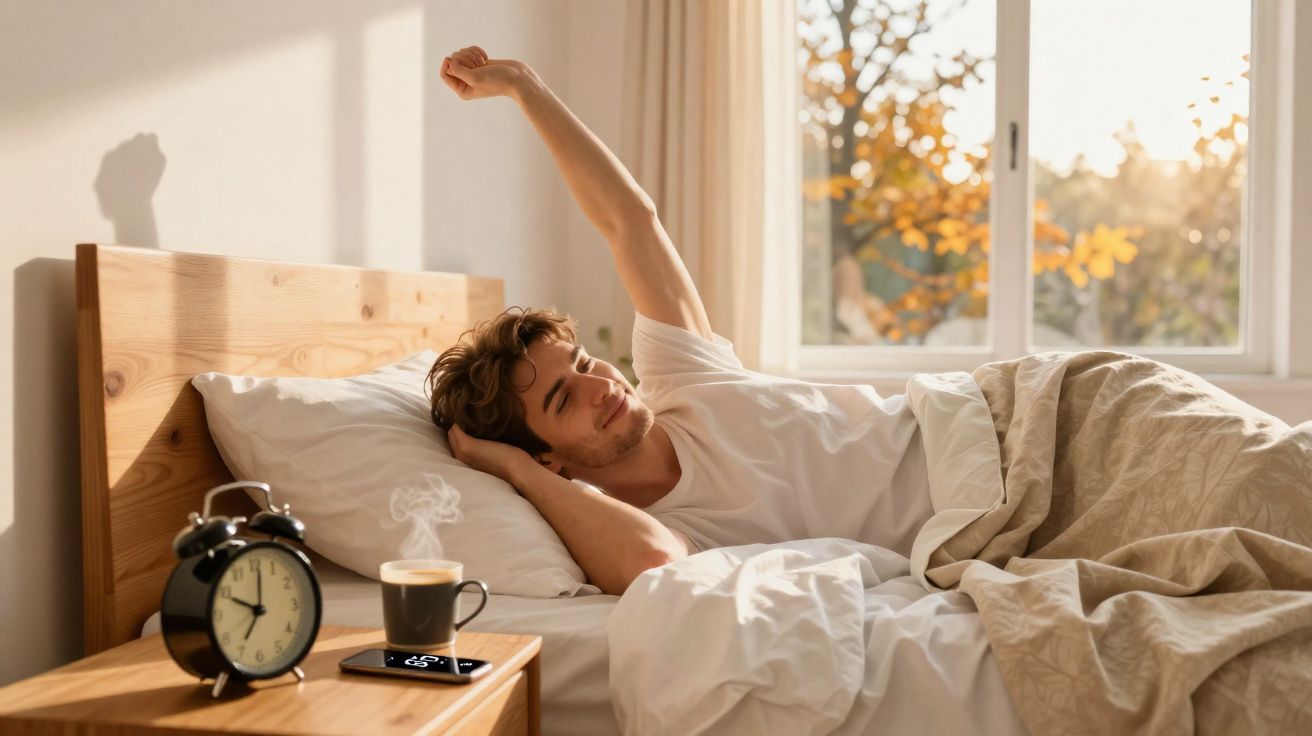Homem acordando e espreguiçando na cama ao amanhecer com chá e despertador na mesa ao lado.