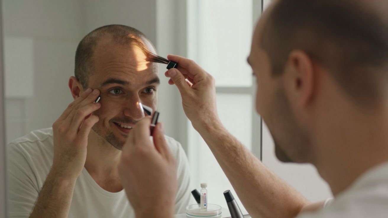 Homem aplicando maquiagem na testa em frente ao espelho dentro de um banheiro.