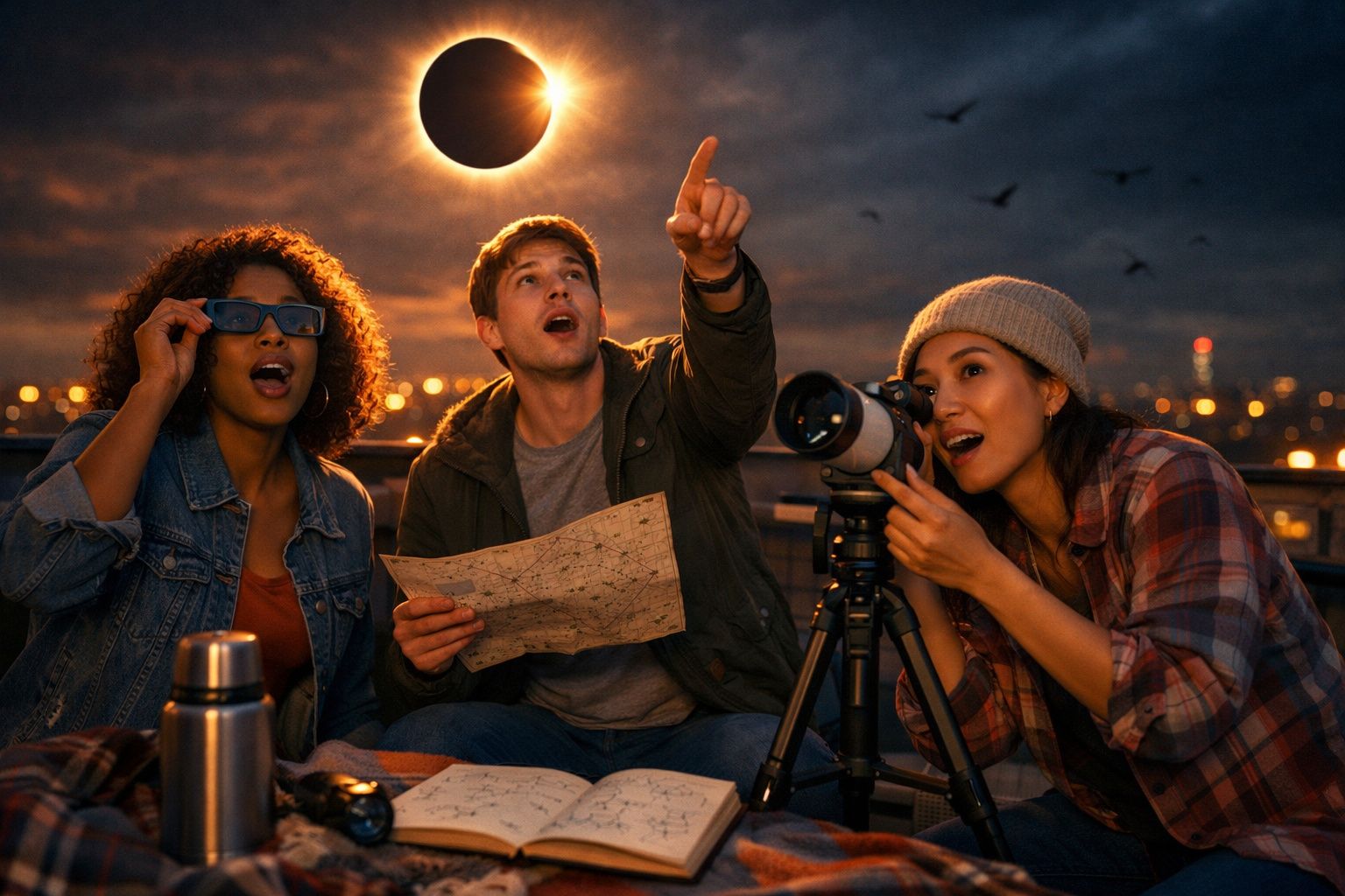 Três pessoas observando eclipse solar, com mapa e telescópio, em ambiente noturno urbano.
