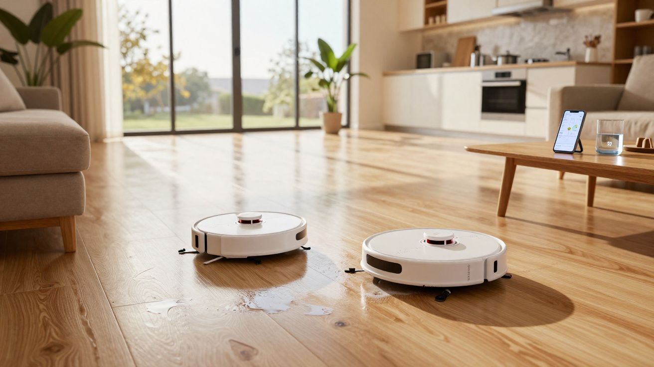 Dois robôs aspiradores limpam derramamento de líquido em piso de madeira em sala com móveis modernos.