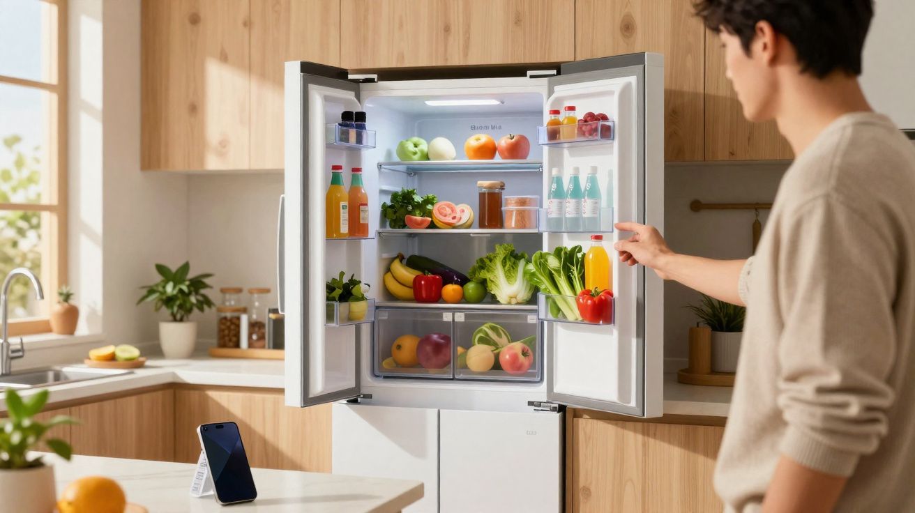 Pessoa abrindo geladeira branca cheia de frutas, legumes e bebidas na cozinha com móveis de madeira clara.