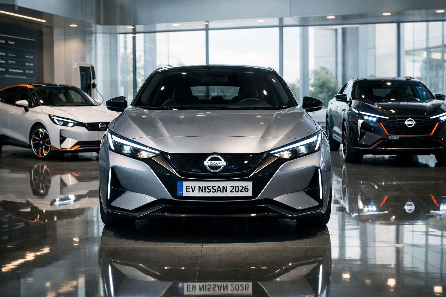 Três carros elétricos Nissan 2026 expostos em showroom moderno com piso espelhado e iluminação natural.