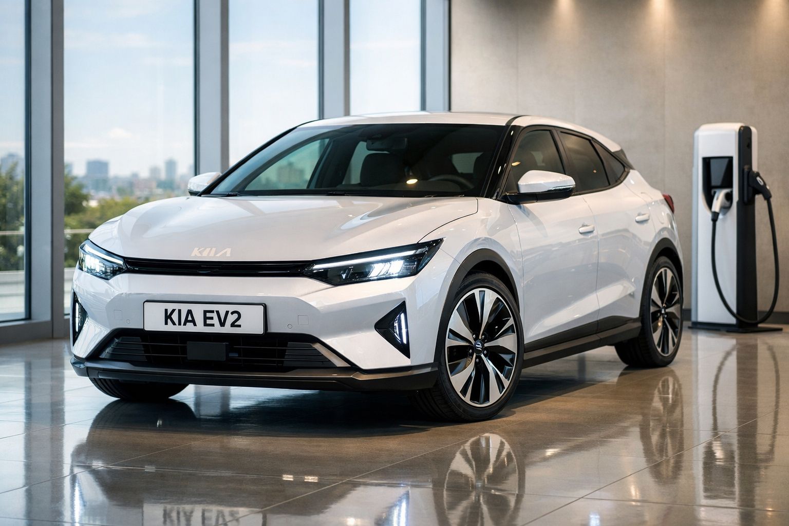 Carro elétrico branco Kia EV2 estacionado em ambiente interno próximo a estação de recarga.