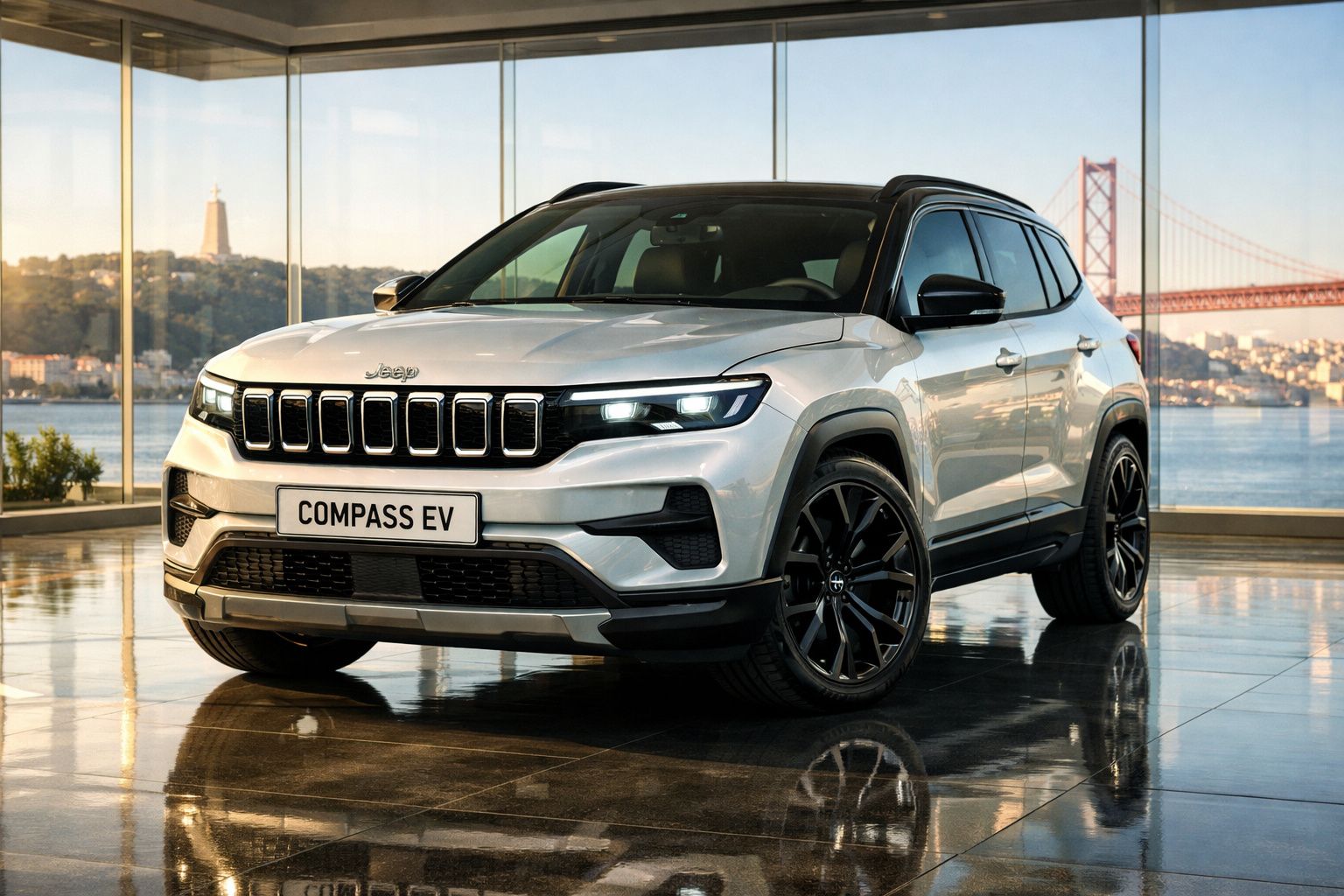 SUV Jeep Compass EV prata estacionado em showroom com grande janela e vista para ponte e rio ao fundo.