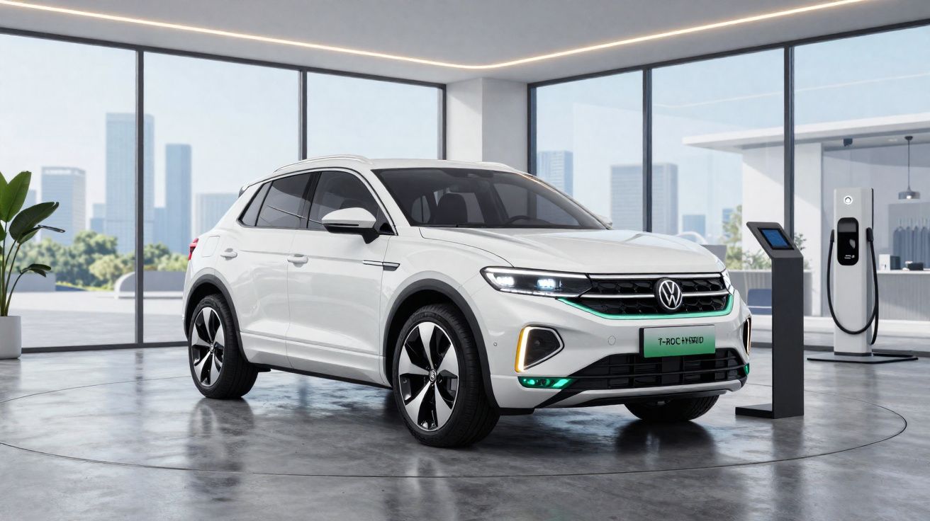 SUV elétrico Volkswagen T-Roc Hybrid branco em showroom moderno com carregador elétrico ao fundo.
