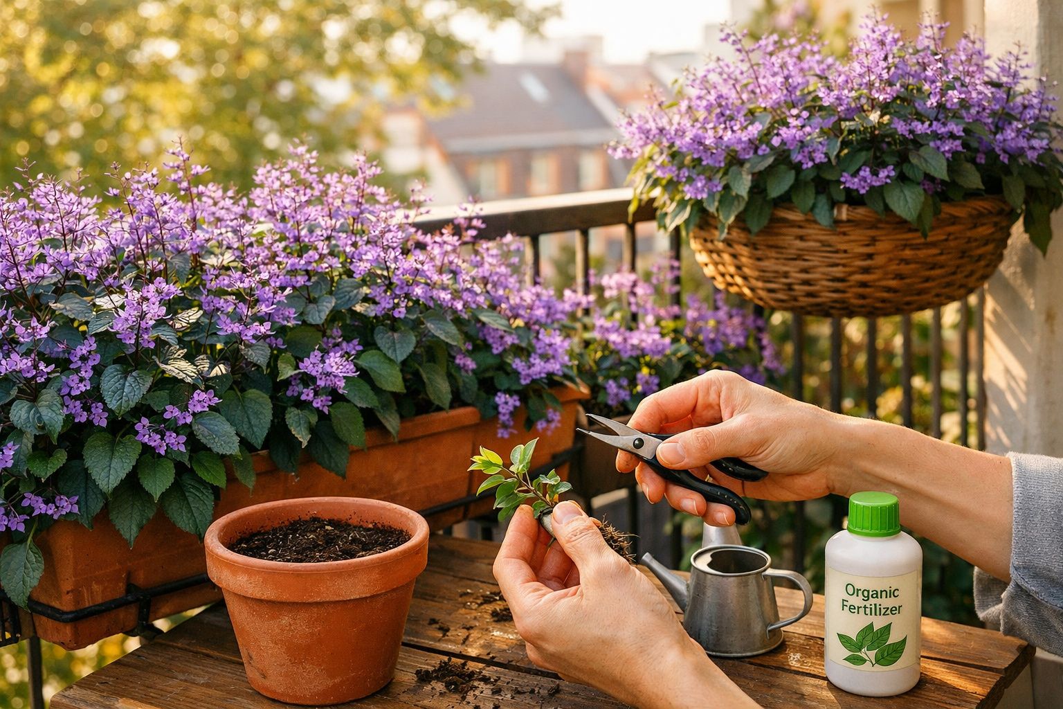 Pessoa podando muda de planta em varanda com vasos e flores lilases ao fundo.
