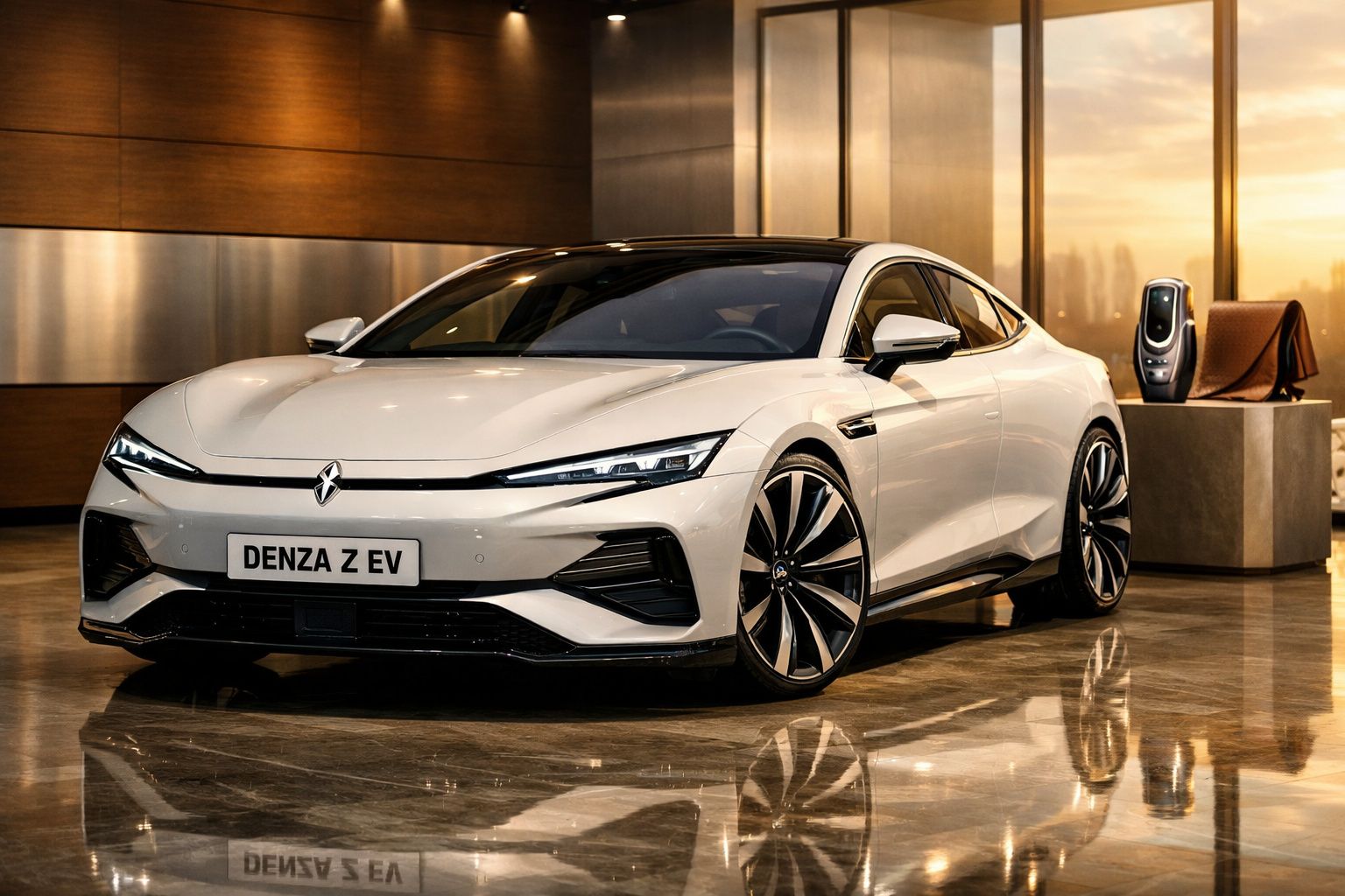 Carro elétrico branco Denza Z EV estacionado em ambiente interno moderno com piso refletivo.