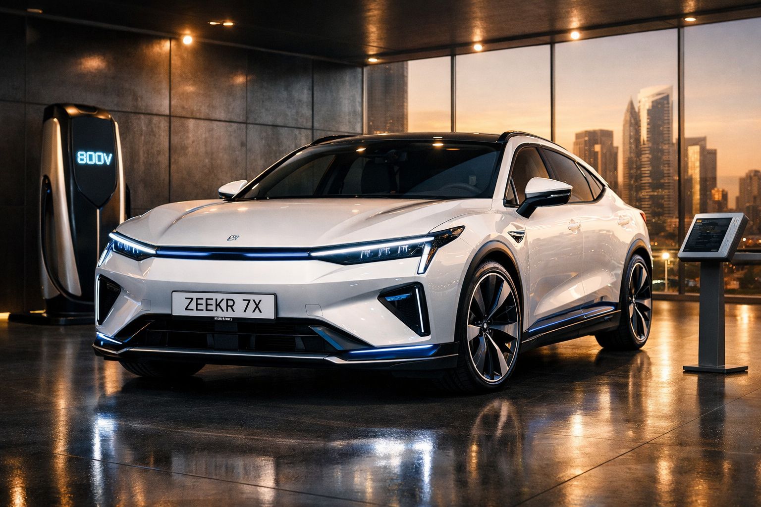 Carro elétrico branco Zeekr 7X estacionado em ambiente moderno com painel digital e carregador 800V ao fundo.