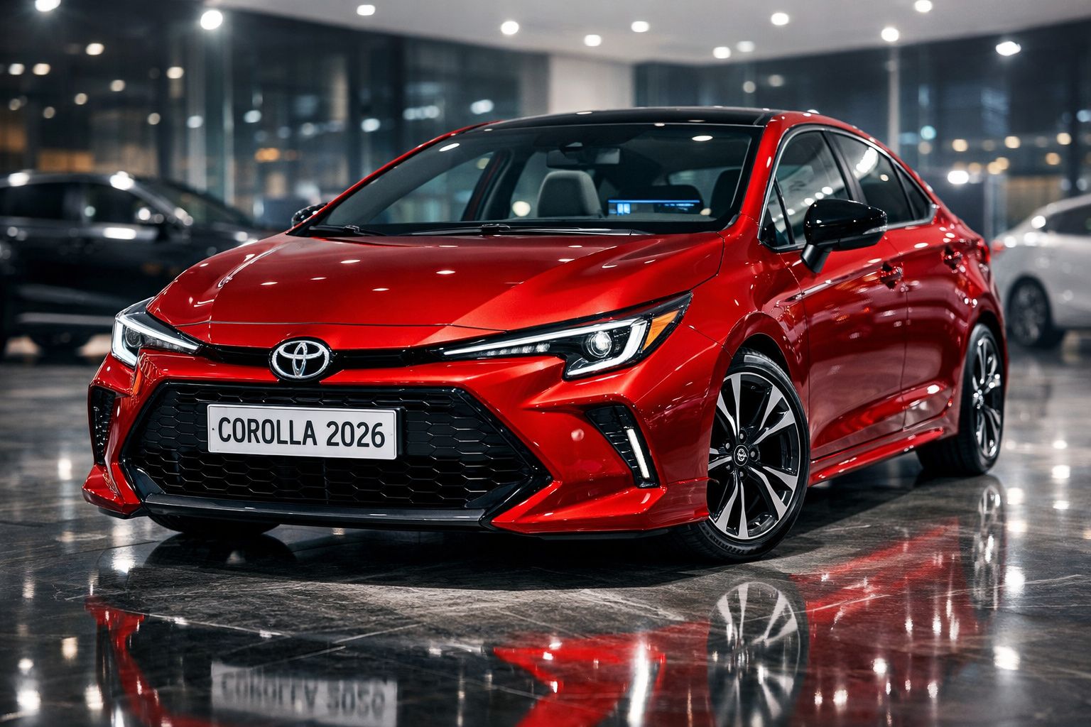 Carro Toyota Corolla 2026 vermelho em exibição dentro de showroom moderno e iluminado.