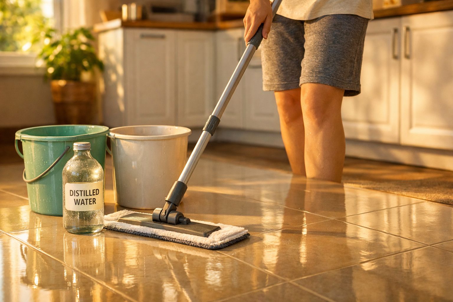 Pessoa limpando chão de azulejo com esfregão, dois baldes e uma garrafa de água destilada ao lado.