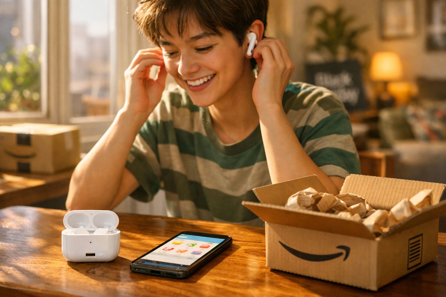Pessoa sorridente coloca fone de ouvido sem fio, com caixa aberta, celular e pacote da Amazon em mesa de madeira.