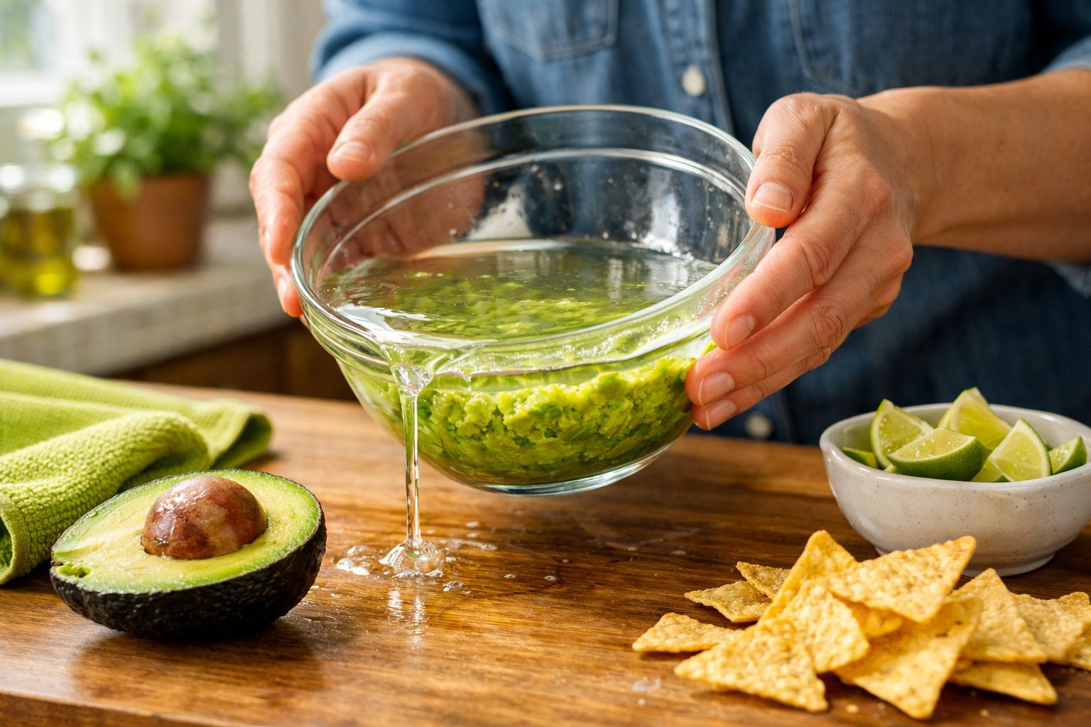 Pessoa segurando tigela de vidro com guacamole enquanto escorre suco de limão na cozinha.