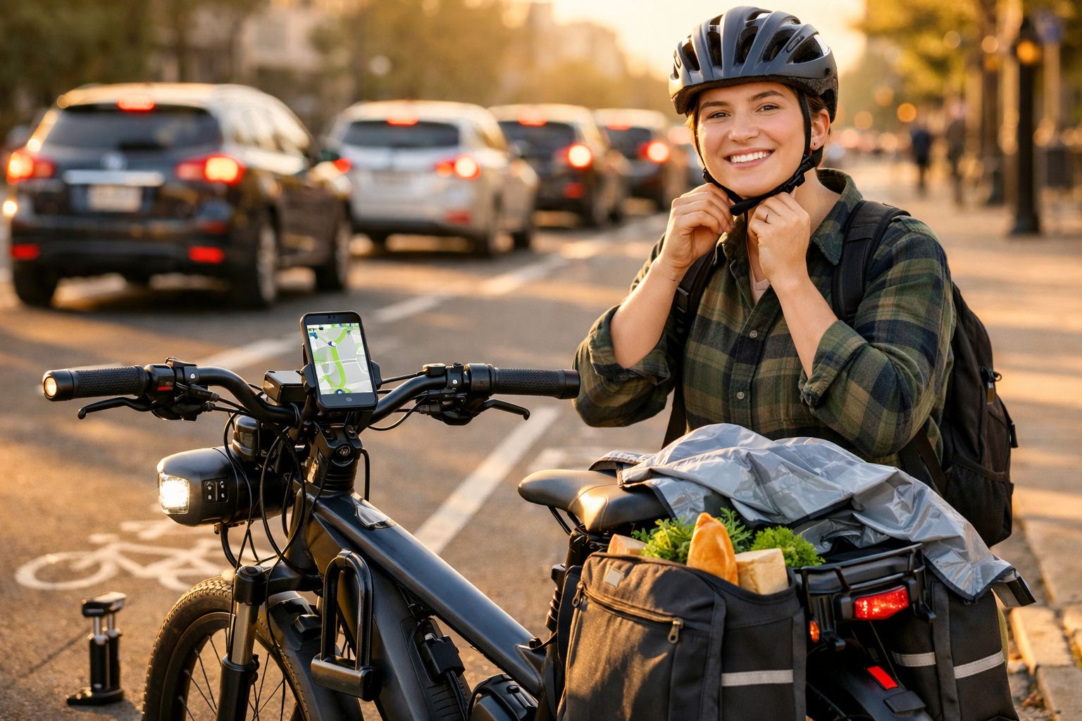 Mulher sorridente colocando capacete ao lado de bicicleta com cesta contendo alimentos na ciclovia.