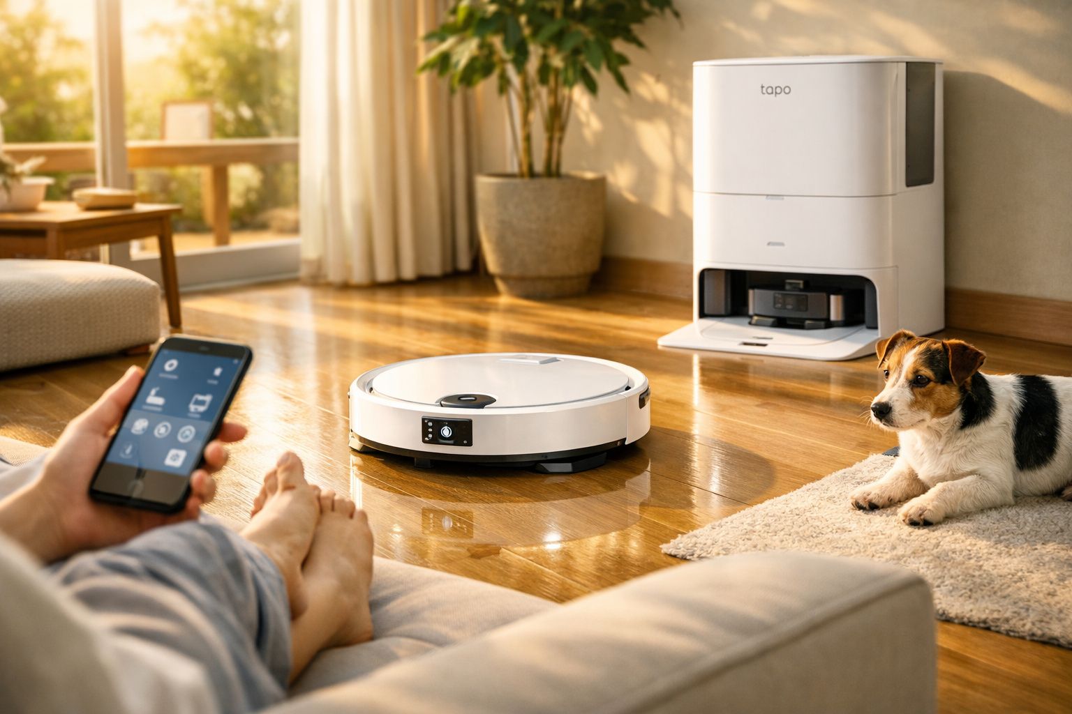 Pessoa controlando aspirador robô branco por celular em sala com cachorro e luz natural.