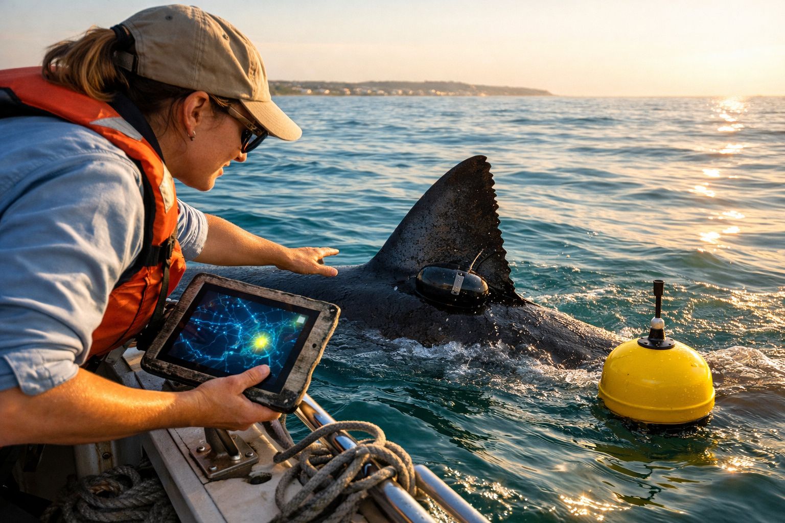 Pesquisadora em barco monitora tubarão com dispositivo eletrônico preso em sua nadadeira dorsal no mar.