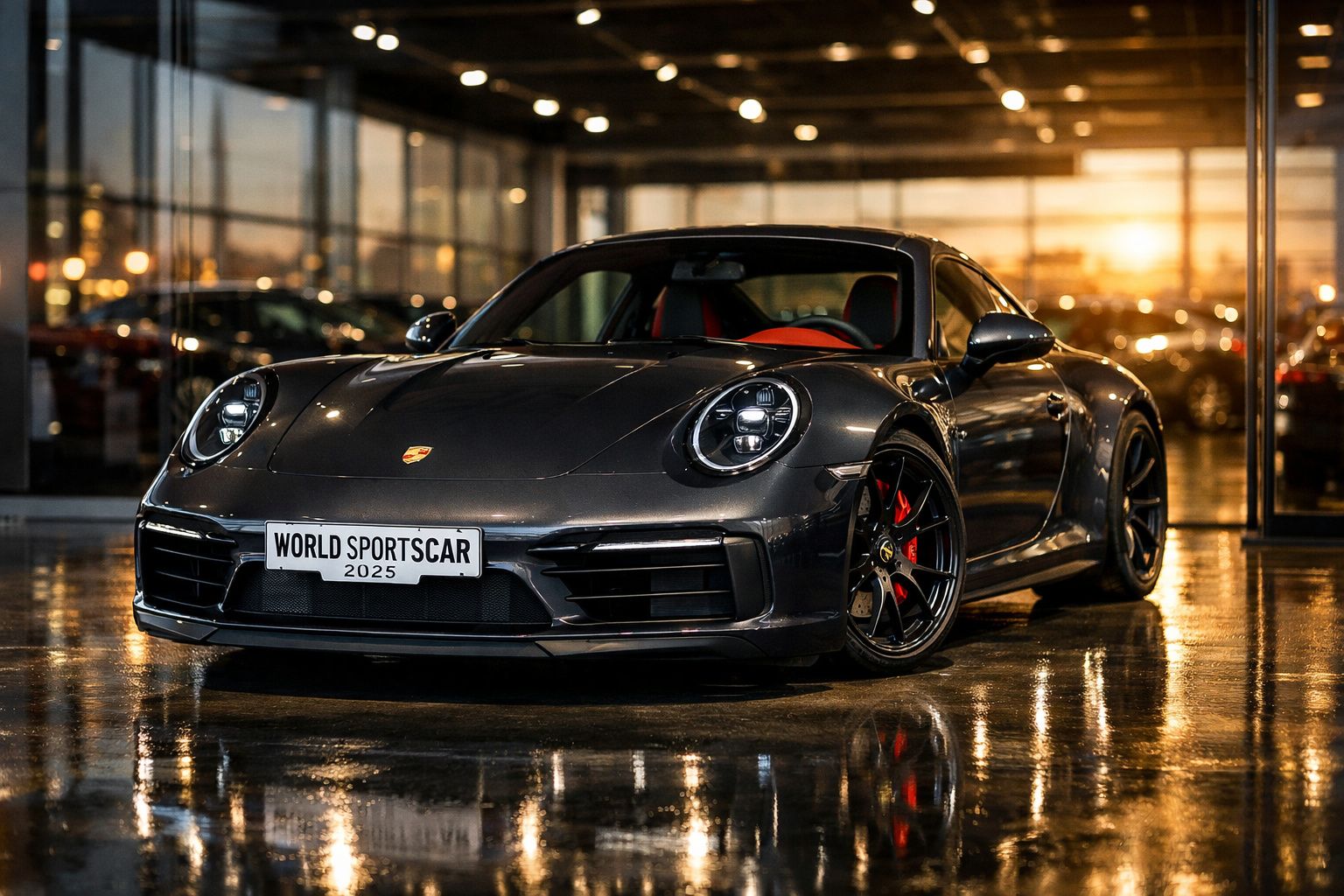 Carro esportivo preto estacionado em ambiente interno com iluminação amarelada e placa "World Sportscar 2025".