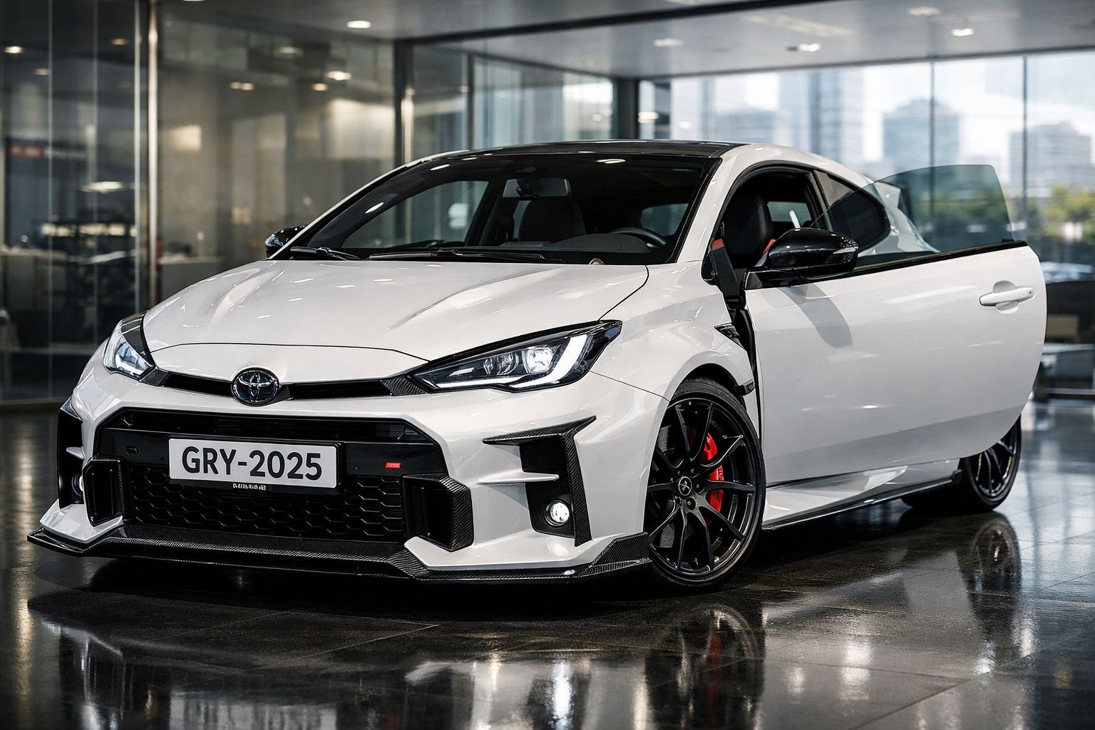 Carro esportivo branco com rodas pretas e freios vermelhos, porta dianteira aberta em showroom moderno.