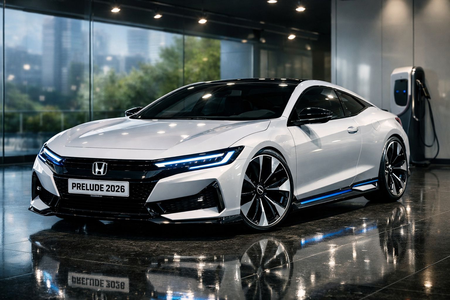 Carro esportivo branco Honda Prelude 2026 estacionado em garagem moderna com carregador elétrico.